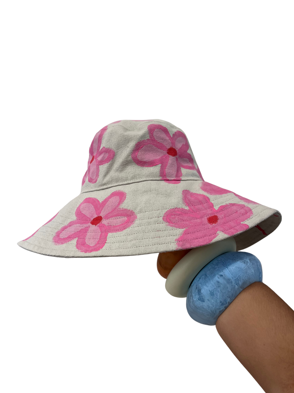 Hand Painted Big Brim Hat with ties- Size M