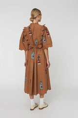 Embroidered Message in a bottle dress- Brown