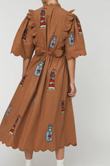 Embroidered Message in a bottle dress- Brown