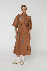 Embroidered Message in a bottle dress- Brown