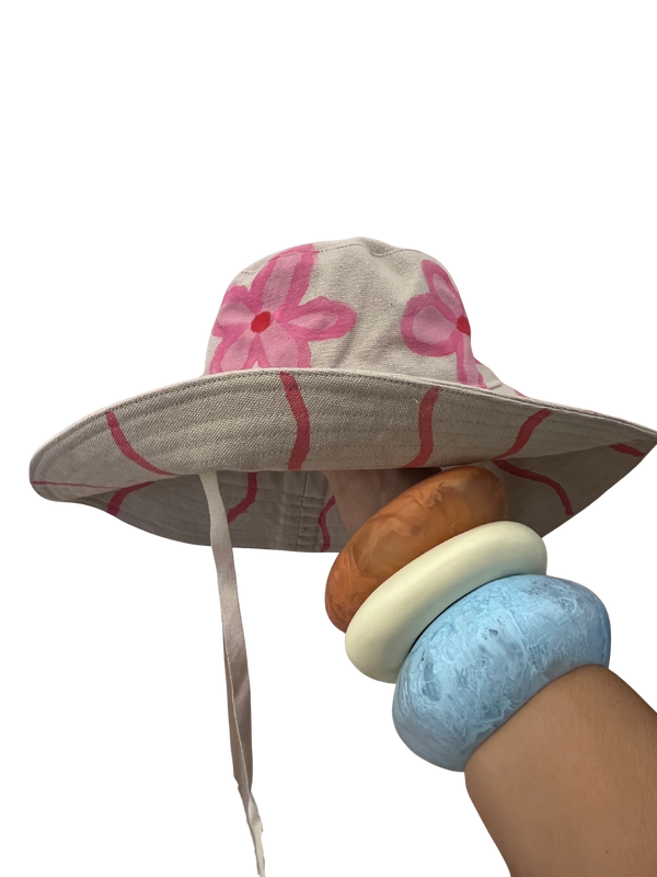 Hand Painted Big Brim Hat with ties- Size M