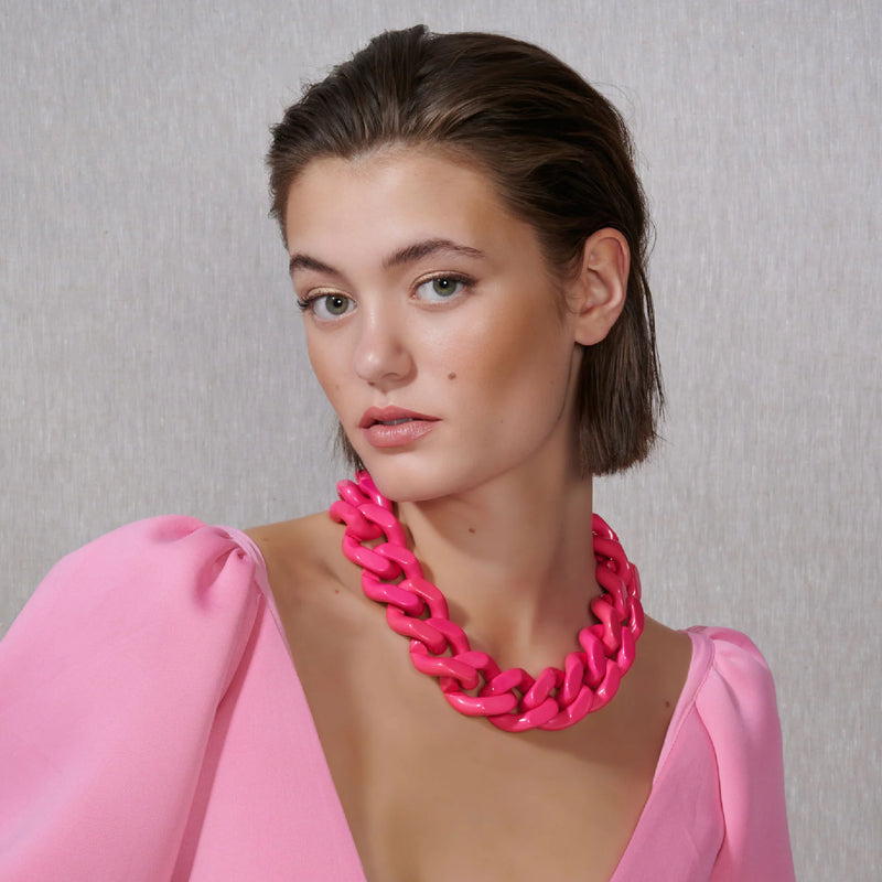 Big Flat Chain Necklace Hot Pink